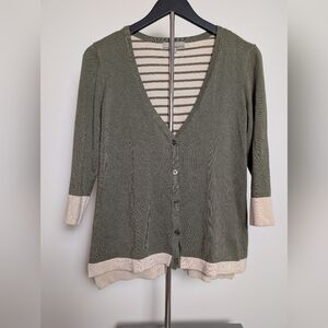 Elegant Olive and Cream button Up V Neck Soft Knit Women's Cardigan Size L